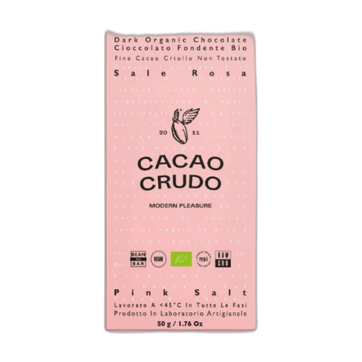 CACAO CRUDO Chocolate negro con sal rosa del Himalaya y trocitos de habas de cacao BIO 50 g