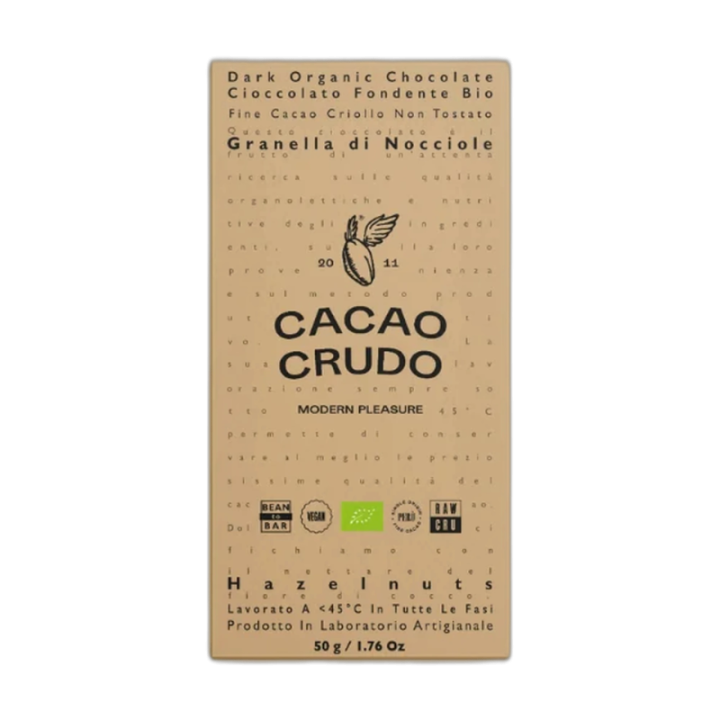 CACAO CRUDO Chocolate negro con trocitos de avellana BIO 50 g
